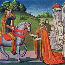 Meeting between Pope Adrian I and Charlemagne, miniature in the incunabula 'Chronicles of France'?