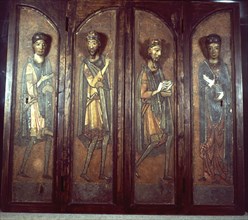 Frame of a polyptych with the three magi and the Virgin, probably a Catalan work. The polyptych h?