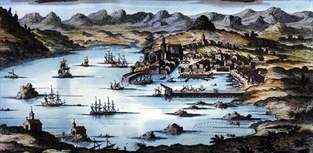 View of the city and the port of Santander, coloured engraving.