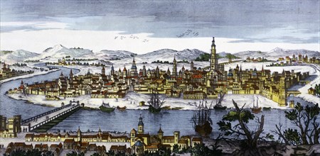 View of the city of Seville with Guadalquivir River, coloured engraving.