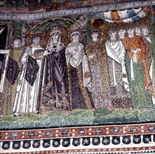 Mosaic with the Empress Theodora and her entourage at the Church of San Vitale in Ravenna.