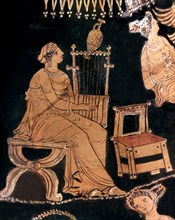 Women dressed in the Ionic costume Ionic playing the lyre, detail of a vase of Pelike.