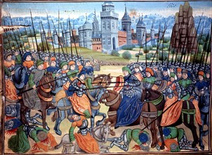Battle of the Crusaders and pagan troops near the city of Aleppo. Miniature in the 'Récueil des h?