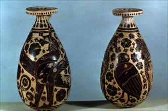 Corinthian vases decorated with black figures of animals, fantastic creatures and floral motifs.
