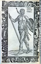 Guanche, man from the Canary Islands, engraving of 1590 from a work by Cesare Vecellis.