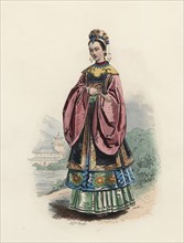 Wife of a Mandarin Chinese man, in the modern age, color engraving 1870.