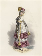 Cadiz woman, color engraving 1870.