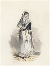 Young woman from Mallorca, color engraving 1870.