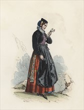 Young woman in the Canton of Fribourg (Switzerland), color engraving 1870.