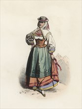 Woman from Salamanca, color engraving 1870.
