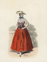 Dutch gardener woman, color engraving 1870.
