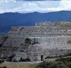 View of the stepped stone pyramid of the ancient city of Monte Alban.