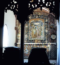 Inside the Alcazar of Seville, oratory of the Catholic Monarchs with a beautiful altar in ceramic?