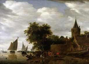 'River Scene with Ferry', 1664 by Salomon Ruisdael.