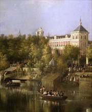 'The Guadalquivir', 1851, detail, pier and San Telmo Palace in Seville, Manuel Barron Oil.