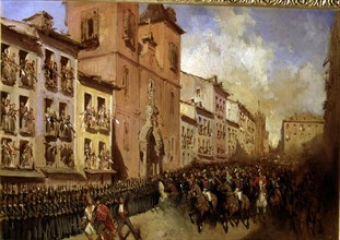 'Walk of the Dukes of Montpensier by Montera street of Madrid' oil on canvas by Pharamond Blanch?