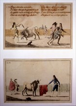 'Suerte de Banderillas' (Bullfighting stage), colored engraving by Antonio Carnicero.