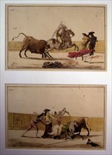 'Suerte de Varas' (Bullfighting stage), colored engraving by Antonio Carnicero.