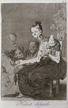 Los Caprichos, series of etchings by Francisco de Goya (1746-1828), plate 44: 'Hilan delgado' (Th?