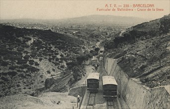 Vallvidrera Funicular, crossing the line, photography of 1915, edited by ATV postcard (Angel Tolr?