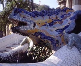 Detail of the dragon in the entrance stairway to Park Güell, built between 1900-1914 by Antoni Ga?
