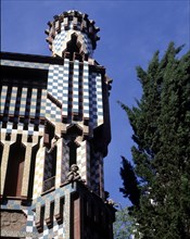 Detail of the top of the façade of the Vicens House, 1883-1888, designed by Antonio Gaudi.