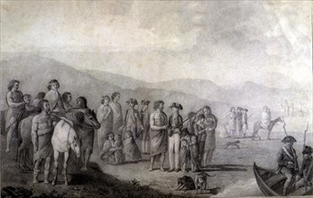 Malaspina Expedition, meeting with the Patagonians in Puerto Deseado, pencil drawing.