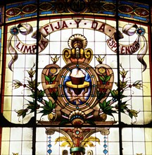 Detail of the badge of the Royal Spanish Language Academy with the motto 'Limpia, fija y da esple?