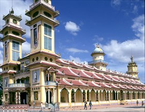 View of the side façade of the Great Temple of Cadoai religion around the city of Ho Chi Minh.