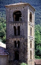View of the four floors bell tower of the Church of Sant Cristòfol in Beget.
