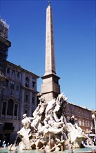 Closeup of the Fountain of the Four Rivers with the Egyptian obelisk by Bernini in Piazza Navona.