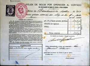 Stock policy by cash transaction issued in Barcelona in 1929, the document proves the ownership o?