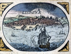 View of Lisbon and the Tagus River, engraving in 'Le Theatre du Monde' or 'Nouvel Atlas' , 1645.