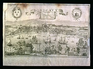View of the city of Bordeaux with the Garonne river, metal engraving signed by Jollain.