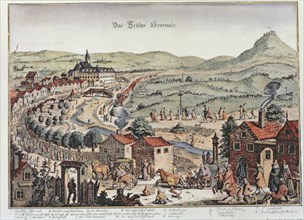 View of the north of Vienna with Schloss Hernals and Kahlenberg hills, colored engraving.