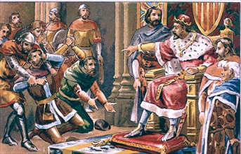 King Pedro IV of Aragon and his court receiving the emissaries of King Peter I of Castile, drawin?
