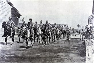 Cuba War, Spanish troops riding back from an expedition, engraving, 1897.