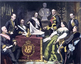 The Council of Ministers headed by Elizabeth II declares war on Morocco in 1859, engraving.