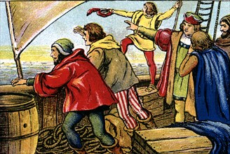 Scene of the discovery of America, sailors of the caravel 'La Pinta' crying 'Land ho', color engr?