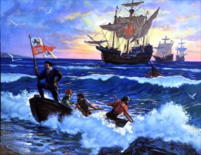 Time of arrival and landing of Columbus to the island of San Salvador in 1492, colored engraving.