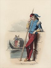 Venetian gondolier from beginning 16th century, color engraving 1870.