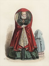 Noble lady of Antwerp, in the modern age, color engraving 1870.