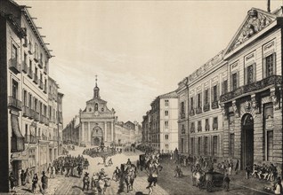 Madrid, Puerta del Sol in 1842, engraving 1870.