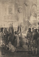 Austrian Flags offered to the Virgin of Atocha by Queen Mary, engraving, 1870.