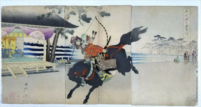 Archery at the samurai in the gardens of Chiyoda No Onmote-Yabusame Jyoran, popular card, 1897.