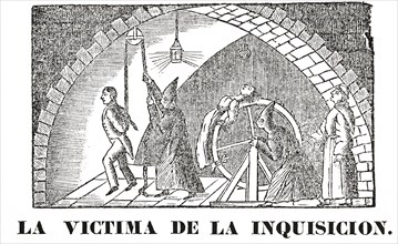 Popular engraving showing a scene of the Inquisition with various torture devices, etching, 1850.