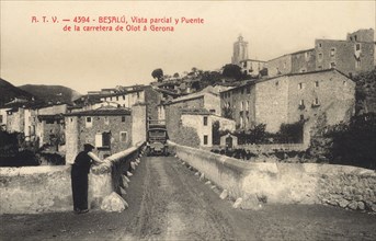 Partial view of Besalu (Girona) and bus line through the highway bridge from Olot to Girona, post?