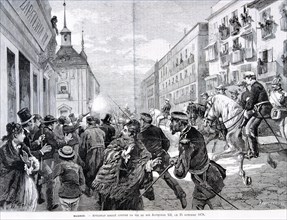 Attack in Madrid against King Alphonse XII. 25 Oct. 1878, engraving in the 'Illustration'.