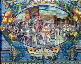 Taking Lugo by Alphonse I of Asturias in 755, tile panel in the Spain square in Seville.