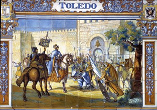 Conquest of Toledo by Alphonse VI of Castile, tile panels in the Spain square in Seville.